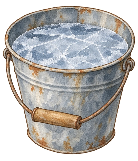 氷の張ったバケツの水彩イラスト
