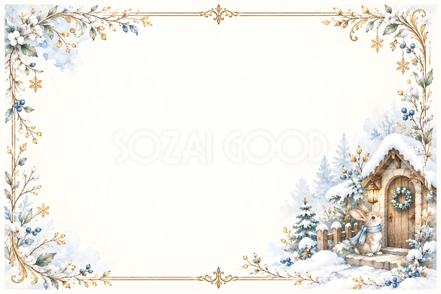 雪の森のおうちとうさぎの横長フレームです