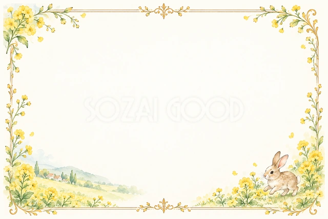 春の菜の花とうさぎの横長フレームです