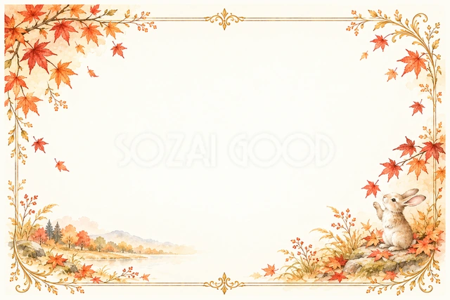 秋の紅葉とうさぎの横長フレームです
