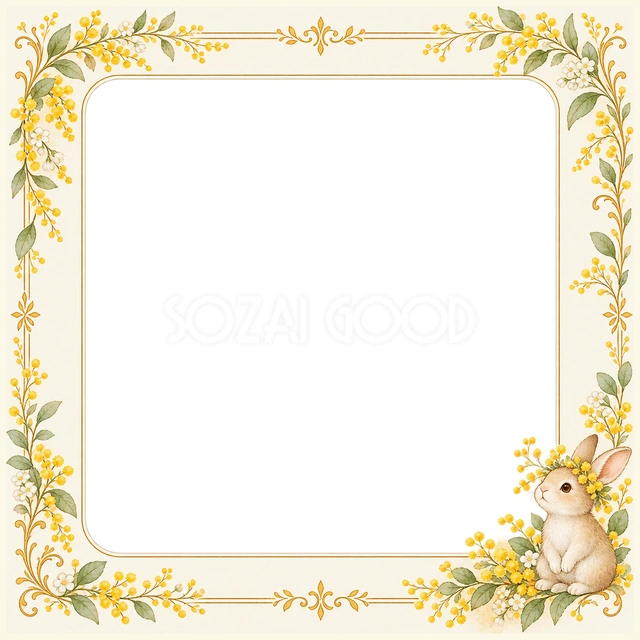 ミモザの花輪とうさぎの正方形写真フレームです