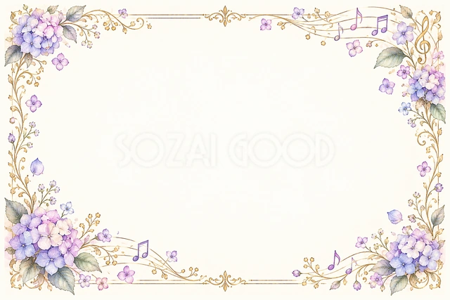 紫陽花と音符の横長音楽フレームです