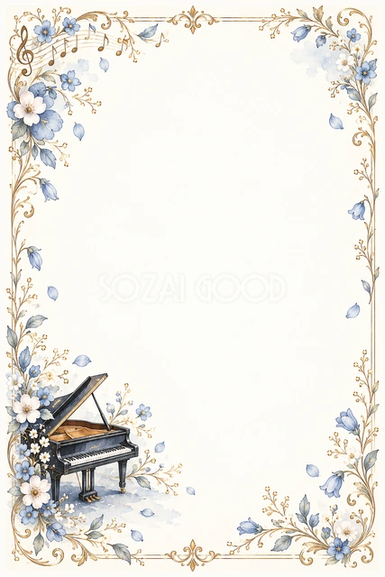 グランドピアノと小花の縦長音楽フレームです