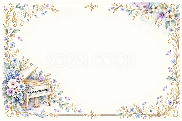 ピアノと花束の横長音楽フレームです