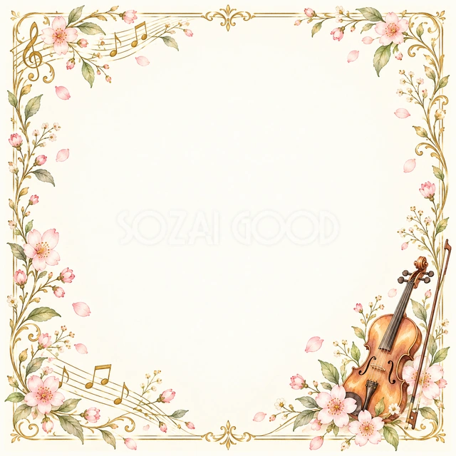 ヴァイオリンと桜の正方形音楽フレームです
