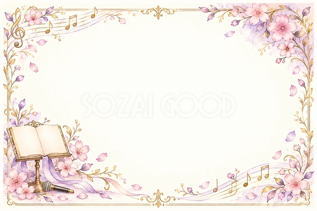 開いた楽譜と桜の横長音楽フレームです