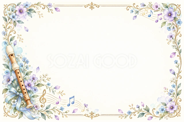 リコーダーと花の横長音楽フレームです