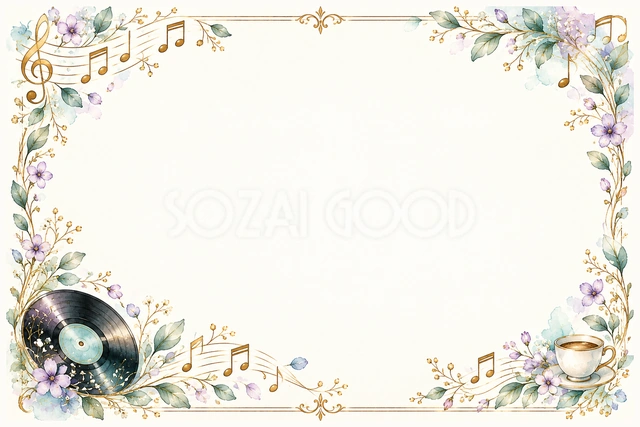 レコードと音符の横長音楽フレームです