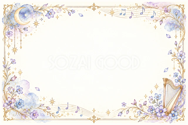 星空の花束とハープの横長音楽フレームです