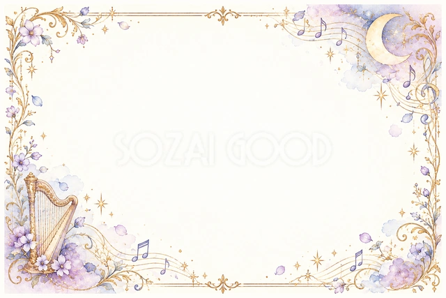 月とハープの横長音楽フレームです
