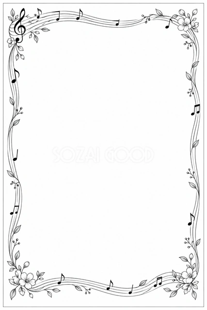 上下の音符と小花の縦長音楽フレームです