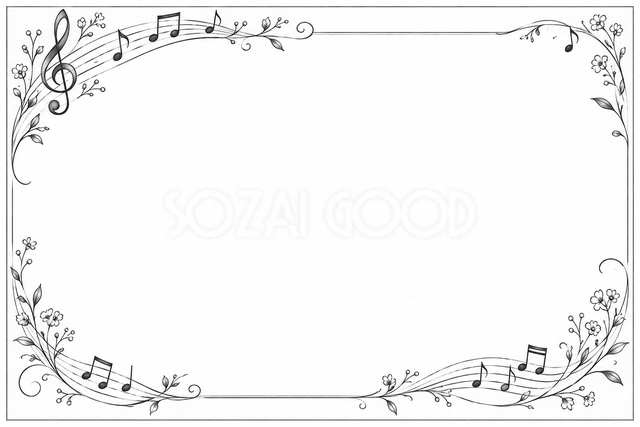 ト音記号と植物の飾りの横長音楽フレームです