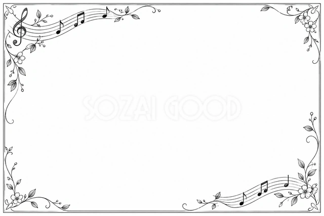 曲線と小花の音符の横長音楽フレームです