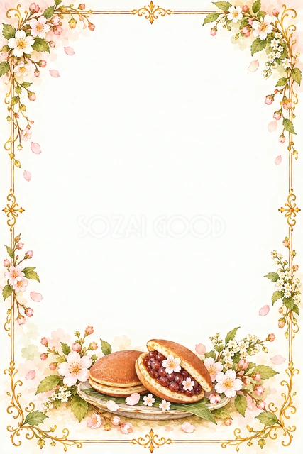 どら焼きの和菓子と季節の花の縦長フレームです