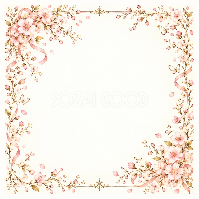 桜と白い蝶の正方形フレームです