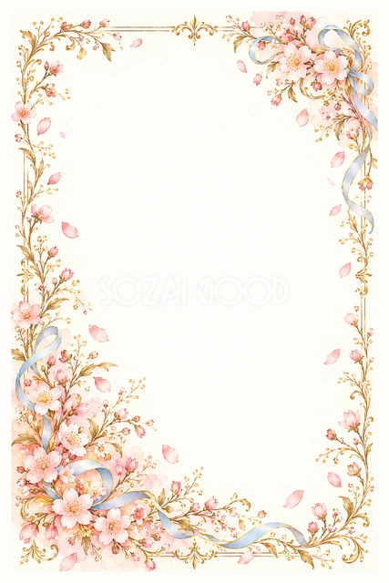 桜と青いリボンの縦長フレームです