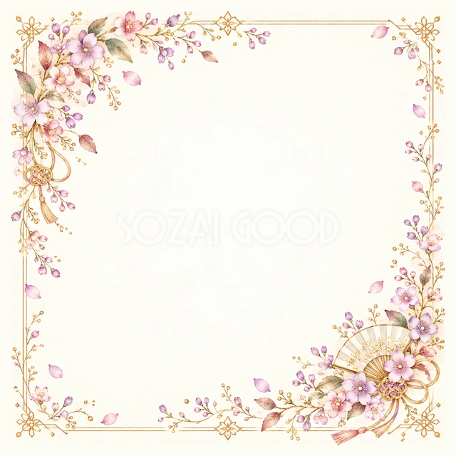 紫の花と扇の正方形フレームです