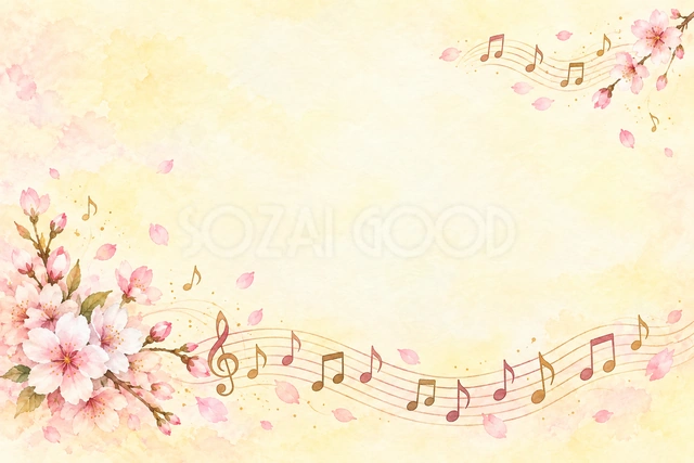 桜の花びらと音符の横長背景です