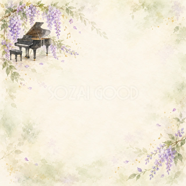 黒いピアノと藤色の花の正方形背景です