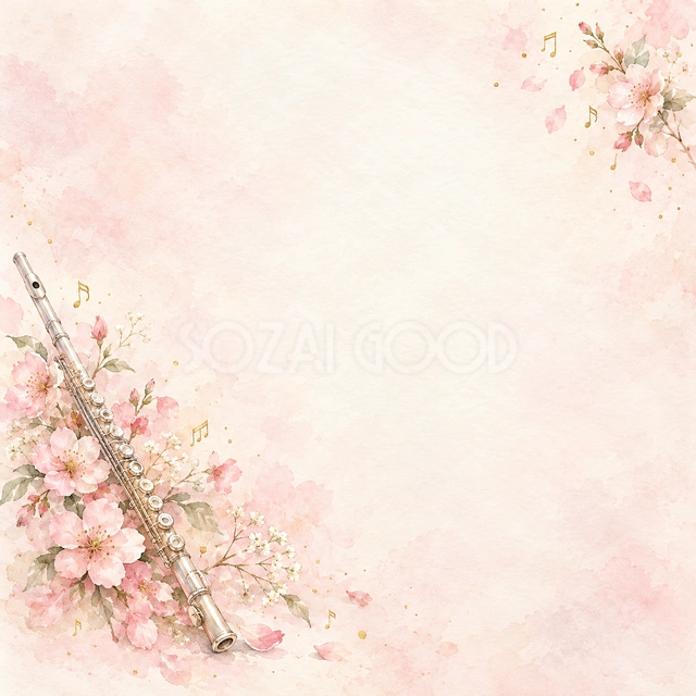 フルートとピンクの花の正方形背景です