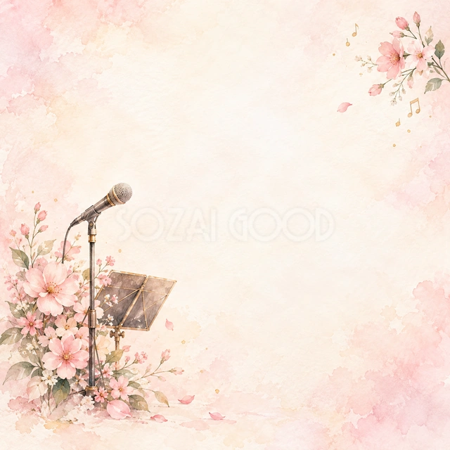 マイクとピンクの花の正方形背景です
