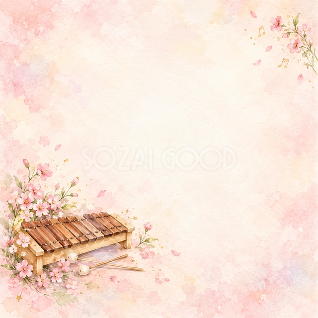 木琴とピンクの小花の正方形背景です