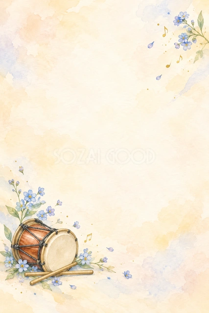 小太鼓と青い小花の縦長背景です