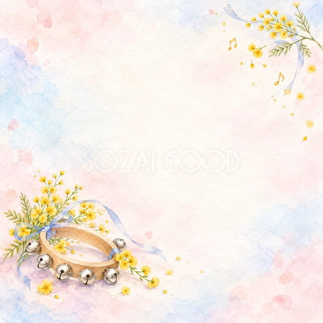 鈴と黄色の小花の正方形背景です