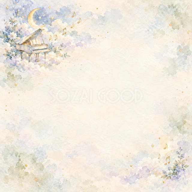 雲と音符とピアノの正方形背景です