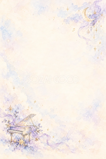 星と藤色のリボンとピアノの縦長背景です