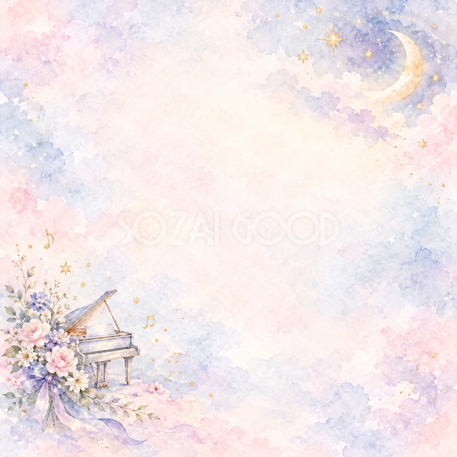 月と星と花束とピアノの正方形背景です