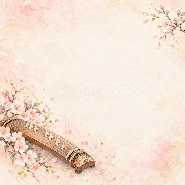 琴と淡い桜の正方形背景です
