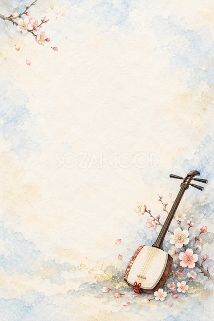 三味線と梅の花の縦長背景です