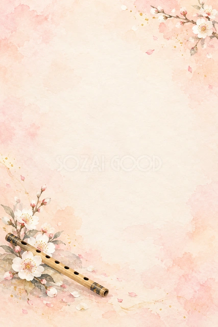 横笛と白い花の縦長背景です