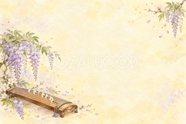 琴と藤の花の横長背景です