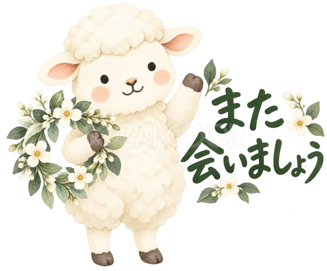 小さな花輪を掲げて歓迎を描いた、かわいい羊の無料イラスト素材です