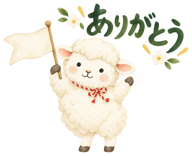 小さな旗を振ってありがとうを描いた、かわいい羊の無料イラスト素材です