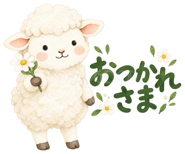 白い花を一輪差し出すを描いた、かわいい羊の無料イラスト素材です