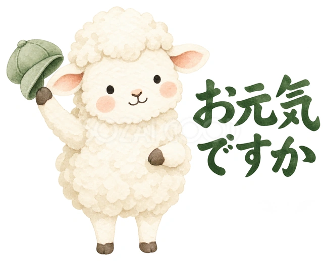 帽子を振ってごあいさつを描いた、かわいい羊の無料イラスト素材です