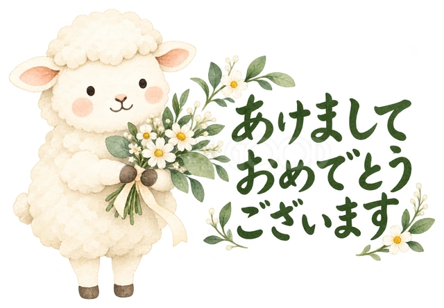 白い小花の花束を渡すを描いた、かわいい羊の無料イラスト素材です