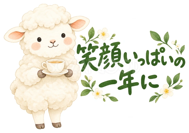 小さなお茶の贈り物を描いた、かわいい羊の無料イラスト素材です