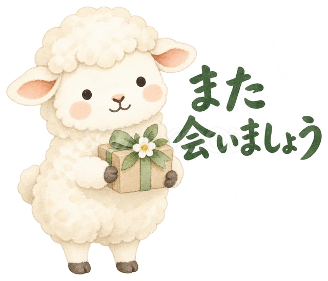 花と小さな包みを届けるを描いた、かわいい羊の無料イラスト素材です