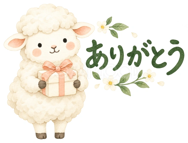 桃色のリボンの贈り物を描いた、かわいい羊の無料イラスト素材です