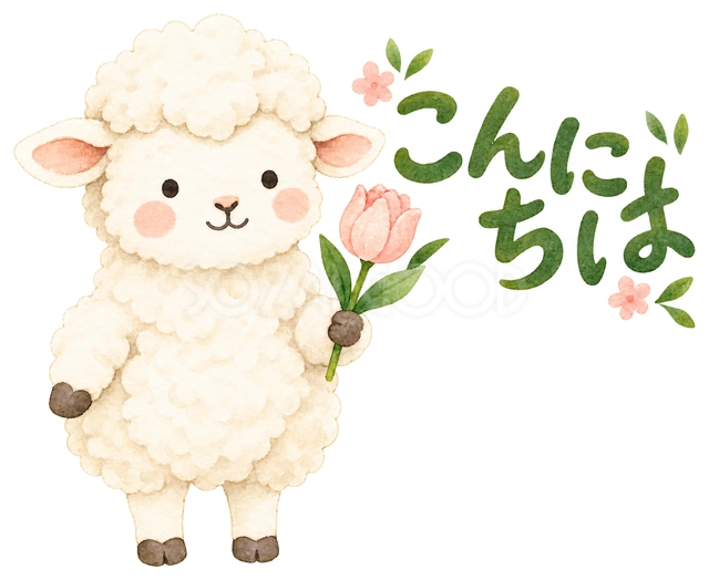 一輪のチューリップでありがとうを描いた、かわいい羊の無料イラスト素材です