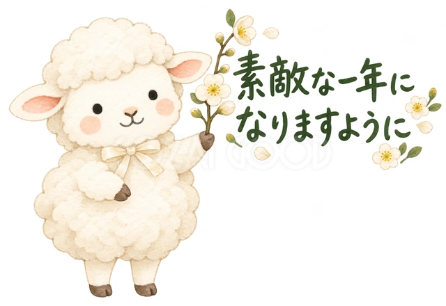 白梅の枝をそっと渡すを描いた、かわいい羊の無料イラスト素材です
