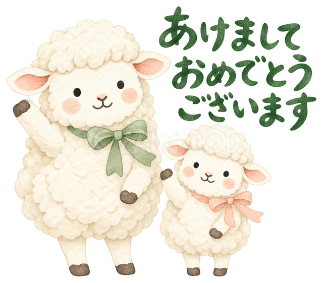 親子で片前足を振るを描いた、かわいい羊の無料イラスト素材です