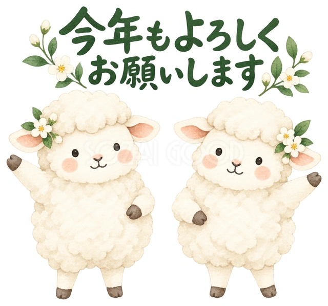 ふたりでようこそを描いた、かわいい羊の無料イラスト素材です