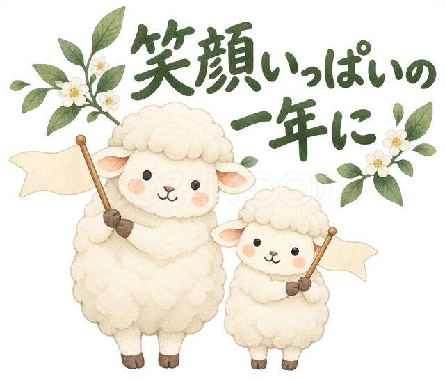 親子で小さな旗を振るを描いた、かわいい羊の無料イラスト素材です