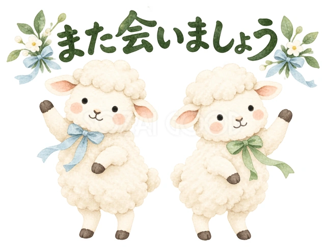 ふたりで手を振って見送るを描いた、かわいい羊の無料イラスト素材です