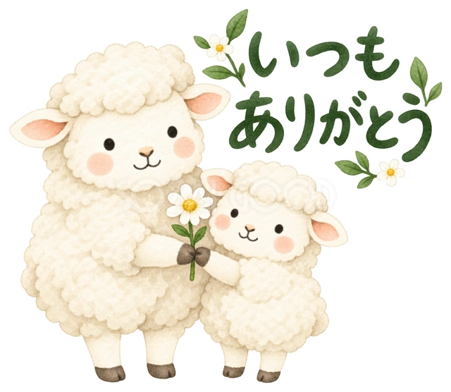 親子で一輪の花を届けるを描いた、かわいい羊の無料イラスト素材です